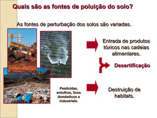 Quais s ão  as fontes de poluição do solo? As fontes de perturbação dos solos são variadas. Desertificação  Entrada de produtos tóxicos nas cadeias alimentares. Destruição de habitats. Pesticidas, entulhos, lixos domésticos e industriais. 