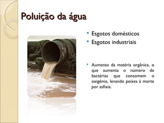 Poluição da água Esgotos domésticos Esgotos industriais Aumento da matéria orgânica, o que aumenta o número de bactérias que consomem o oxigénio, levando peixes à morte por asfixia. 