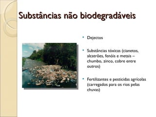 Substâncias não biodegradáveis Dejectos  Substâncias tóxicas (cianetos, alcatrões, fenóis e metais – chumbo, zinco, cobre entre outros) Fertilizantes e pesticidas agrícolas (carregados para os rios pelas chuvas) 