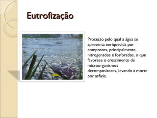 Eutrofização Processo pelo qual a água se apresenta enriquecida por compostos, principalmente, nitrogenados e fosforados, o que favorece o crescimento de microorganismos decompositores, levando à morte por asfixia. 
