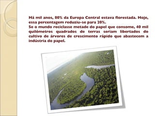 Há mil anos, 80% da Europa Central estava florestada. Hoje, essa percentagem reduziu-se para 20%. Se o mundo reciclasse metade do papel que consome, 40 mil quilómetros quadrados de terras seriam libertados do cultivo de árvores de crescimento rápido que abastecem a indústria do papel.  