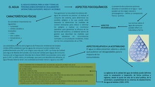 EL AGUA ES ESENCIAL PARA LA VIDA Y TODAS LAS
PERSONAS DEBEN DISPONER DE UN SUMINISTRO
SATISFACTORIO (SUFICIENTE, INOCUO Y ACCESIBLE)
EL AGUA ASPECTOS FISICOQUÍMICOS La presencia de sustancias químicas
disueltas e insolubles en el agua —que
pueden ser de origen natural o
antropogénico— define su composición
física y química
Las normas sobre el
agua de consumo
pueden diferir, en
naturaleza y forma
ASPECTOS
MICROBIOLÓGICOS
Para gestionar la inocuidad microbiana del
agua de consumo es preciso: a) evaluar el
conjunto del sistema, para determinar los
posibles peligros a los que puede estar
expuesto b) determinar las medidas de
control necesarias para reducir o eliminar
los peligros y realizar un monitoreo
operativo para garantizar la eficacia de las
barreras del sistema y c) elaborar planes de
gestión que describan las medidas que
deben adoptarse en circunstancias
normales y si se producen incidentes. Estos
son los tres componentes de un PSA.
CARACTERÍSTICAS FÍSICAS
Se consideran importantes las
siguientes:
— turbiedad;
— sólidos solubles e
insolubles;
— color;
— olor y sabor;
— temperatura, y
— pH.
Los estándares internos de la Agencia de Protección Ambiental de Estados
Unidos (EPA) establecen que las aguas de consumo humano deben tener
preferentemente una UNT y en ningún caso más de 5 UNT. Las Guías de Calidad
para Agua de Bebida del Canadá y las Guías de Calidad para Aguas de Consumo
Humano de la Organización Mundial de la Salud (OMS) recomiendan como valor
guía 5 UNT. La OMS indica, sin embargo, que para una desinfección eficiente, el
agua filtrada debería tener una turbiedad promedio menor o igual a una UNT.
ASPECTOS RELATIVOS A LA ACEPTABILIDAD
El agua no debe presentar sabores u olores
que pudieran ser desagradables para la
mayoría de los
consumidores.
La vigilancia de la calidad del agua de bebida puede definirse
como la «evaluación e inspección, de forma continua y
vigilante, desde el punto de vista de la salud pública, de la
salubridad y aceptabilidad de los sistemas de abastecimiento
de agua de bebida» (OMS, 1976)
TABLA COMPARATIVA ESTÁNDARES DE CALIDAD DEL AGUA DE LA OMS Y DE LA UE
LOS ESTÁNDARES EUROPEOS SON MÁS RECIENTES (1998), COMPLETOS Y ESTRICTOS QUE LOS ESTÁNDARES
DE LA OMS (1993).
ALGUNOS EJEMPLOS SON:
- BORO (B): DIRECTRIZ REDUCIDA DE 0,3 MG/L A 0,001 MG/L.
- BROMATO (BR): NO MENCIONADO POR LA OMS, DIRECTRIZ DE 0,01 MG/L EN LOS ESTÁNDARES EUROPEOS.
- MANGANESO (MN): DIRECTRIZ REDUCIDA DE 0,5 A 0,05 MG/L.
- CIANURO (CN): DIRECTRIZ REDUCIDA DE 0,07 A 0,005 MG/L.
PERO EN ALGUNOS CASOS LAS DIRECTRICES EUROPEAS SON MENOS ESTRICTAS QUE LAS DE LA OMS:
- CADMIO (CD): LA DIRECTRIZ FUE ELEVADA DE 0,003 A 0.005 MG/L
 