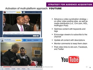 Advance a video syndication strategy – on other video posting sites, as well as media distributors (i.e., Cnn.com, AOL, Huffington Post) Optimize content with keywords and tags Encourage viewers to subscribe to the channel Update all content with descriptions Monitor comments to keep them clean Post video links to dot.com, Facebook, and Twitter Desiree Peterkin Bell  Activation of multi-platform approach:  YOUTUBE STRATEGY FOR AUDIENCE ACQUISITION 