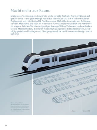 Macht mehr aus Raum.
     Modernste Technologien, bewährte und erprobte Technik, Normerfüllung auf
     ganzer Linie – und jede Menge Raum für Individualität: Mit ihrem modularen
     Zugkonzept setzt die Desiro ML Plattform neue Maßstäbe im modernen Schienen­
     verkehr. Maßstäbe, die auch im Innenraum für maximale Variabilität und Attraktivi­
     tät sorgen. Erleben Sie ein einzigartiges Raumgefühl auf Schienen und entdecken
     Sie die Möglichkeiten, die durch niederflurig angelegte Sitzlandschaften, groß­
     zügig gestaltete Einstiegs­ und Übergangsbereiche und innovatives Design mach­
     bar sind.




     Maximale Variabilität:
     Der Innen ausbau ist als System­
     lösung kon zipiert. Verschiedene
     Gestaltungsvarianten erlauben
     die Anpassung des Zuges an indi­
     viduelle Bedürfnisse.                                       1. Klasse   Universal­WC




12
 