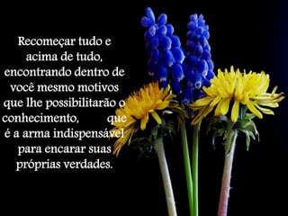 Recomeçar tudo e 
acima de tudo, 
encontrando dentro de 
você mesmo motivos 
que lhe possibilitarão o 
conhecimento, que 
é a arma indispensável 
para encarar suas 
próprias verdades. 
 