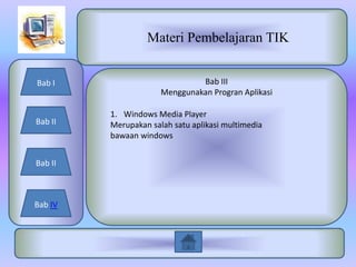 Materi Pembelajaran TIK


Bab I                          Bab III
                      Menggunakan Progran Aplikasi

         1. Windows Media Player
Bab II   Merupakan salah satu aplikasi multimedia
         bawaan windows


Bab II



Bab IV
 