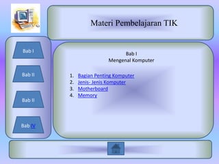 Materi Pembelajaran TIK


Bab I
                                Bab I
                          Mengenal Komputer

Bab II   1.   Bagian Penting Komputer
         2.   Jenis- Jenis Komputer
         3.   Motherboard
         4.   Memory
Bab II



Bab IV
 