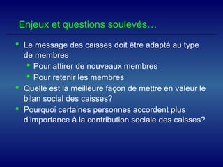 Enjeux et questions soulevés…
 Le message des caisses doit être adapté au type
de membres
 Pour attirer de nouveaux membres
 Pour retenir les membres
 Quelle est la meilleure façon de mettre en valeur le
bilan social des caisses?
 Pourquoi certaines personnes accordent plus
d’importance à la contribution sociale des caisses?
 