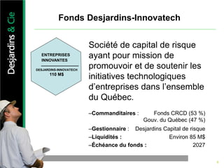 Fonds Desjardins-Innovatech
Société de capital de risque
ayant pour mission de
promouvoir et de soutenir les
initiatives technologiques
d’entreprises dans l’ensemble
du Québec.
–Commanditaires : Fonds CRCD (53 %)
Gouv. du Québec (47 %)
–Gestionnaire : Desjardins Capital de risque
–Liquidités : Environ 85 M$
–Échéance du fonds : 2027
ENTREPRISES
INNOVANTES
DESJARDINS-INNOVATECH
110 M$
6
 
