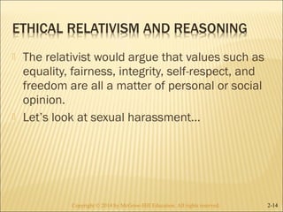  The relativist would argue that values such as 
equality, fairness, integrity, self-respect, and 
freedom are all a matter of personal or social 
opinion. 
 Let’s look at sexual harassment… 
Copyright © 2014 by McGraw-Hill Education. AAllll rriigghhttss rreesseerrvveedd.. 2-14 
 