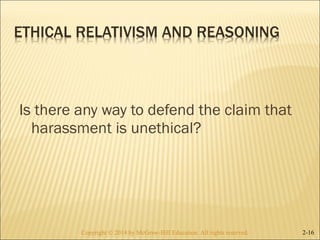 Is there any way to defend the claim that 
harassment is unethical? 
Copyright © 2014 by McGraw-Hill Education. AAllll rriigghhttss rreesseerrvveedd.. 2-16 
 