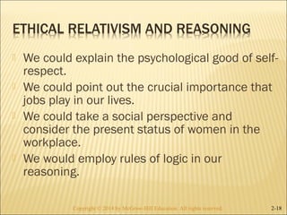  We could explain the psychological good of self-respect. 
 We could point out the crucial importance that 
jobs play in our lives. 
 We could take a social perspective and 
consider the present status of women in the 
workplace. 
 We would employ rules of logic in our 
reasoning. 
Copyright © 2014 by McGraw-Hill Education. AAllll rriigghhttss rreesseerrvveedd.. 2-18 
 