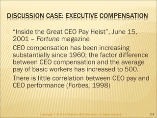  “Inside the Great CEO Pay Heist”, June 15, 
2001 – Fortune magazine 
 CEO compensation has been increasing 
substantially since 1960; the factor difference 
between CEO compensation and the average 
pay of basic workers has increased to 500. 
 There is little correlation between CEO pay and 
CEO performance (Forbes, 1998) 
Copyright © 2014 by McGraw-Hill Education. AAllll rriigghhttss rreesseerrvveedd.. 2-3 
 