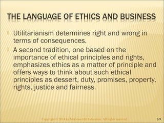  Utilitarianism determines right and wrong in 
terms of consequences. 
 A second tradition, one based on the 
importance of ethical principles and rights, 
emphasizes ethics as a matter of principle and 
offers ways to think about such ethical 
principles as dessert, duty, promises, property, 
rights, justice and fairness. 
Copyright © 2014 by McGraw-Hill Education. AAllll rriigghhttss rreesseerrvveedd.. 2-9 
 