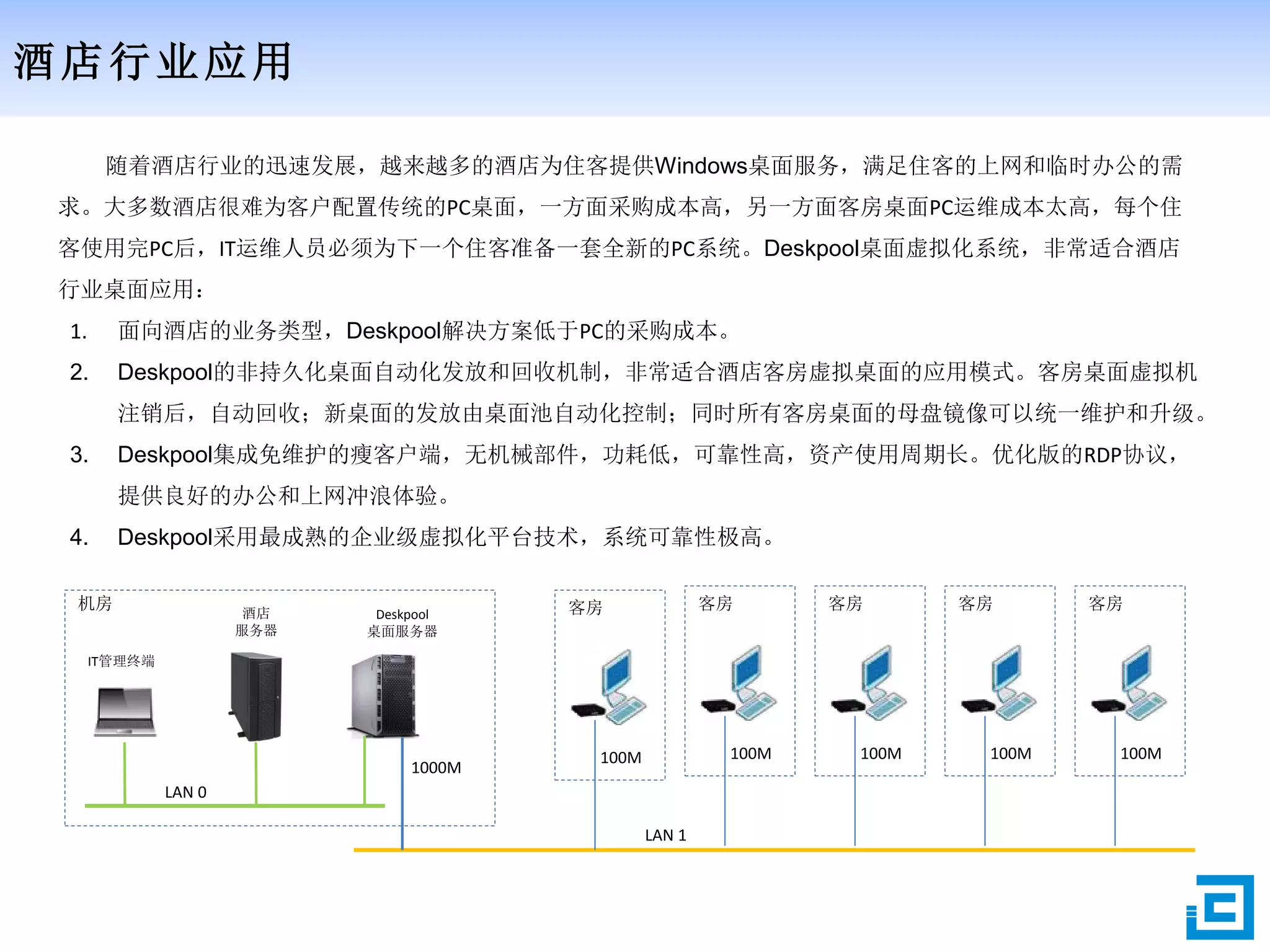 酒店行业应用
随着酒店行业的迅速发展，越来越多的酒店为住客提供Windows桌面服务，满足住客的上网和临时办公的需
求。大多数酒店很难为客户配置传统的PC桌面，一方面采购成本高，另一方面客房桌面PC运维成本太高，每个住
客使用完PC后，IT运维人员必须为下一个住客准备一套全新的PC系统。Deskpool桌面虚拟化系统，非常适合酒店
行业桌面应用：
1. 面向酒店的业务类型，Deskpool解决方案低于PC的采购成本。
2. Deskpool的非持久化桌面自动化发放和回收机制，非常适合酒店客房虚拟桌面的应用模式。客房桌面虚拟机
注销后，自动回收；新桌面的发放由桌面池自动化控制；同时所有客房桌面的母盘镜像可以统一维护和升级。
3. Deskpool集成免维护的瘦客户端，无机械部件，功耗低，可靠性高，资产使用周期长。优化版的RDP协议，
提供良好的办公和上网冲浪体验。
4. Deskpool采用最成熟的企业级虚拟化平台技术，系统可靠性极高。
机房
Deskpool
桌面服务器
酒店
服务器
1000M
客房
100M
客房
100M
客房
100M
客房
100M
客房
100M
IT管理终端
LAN 0
LAN 1
 