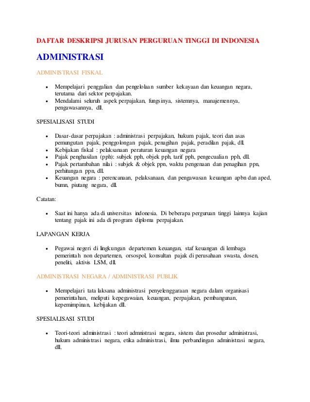 Deskripsi Jurusan Perguruan Tinggi Di Indonesia Deskripsi Jurusan Perguruan Tinggi Di Indonesia
