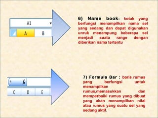 6)     Name     book : kotak yang
berfungsi menampilkan nama sel
yang sedang dan dapat digunakan
unruk menampung beberapa sel
menjadi    suatu    range dengan
diberikan nama tertentu




     7) Formula Bar : baris rumus
     yang       berfungsi     untuk
     menampilkan
     rumus,memasukkan           dan
     memperbaiki rumus yang dibuat
     yang akan menampilkan nilai
     atau rumus yang suatu sel yang
     sedang aktif.
 