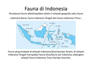 Fauna di Indonesia
Persebaran fauna dikelompokkan dalam 3 wilayah geografis yaitu fauna
Indonesia Barat, fauna Indonesia Tengah dan fauna Indonesia Timur.
Fauna yang terdapat di wilayah Indonesia Barat bertipe Asiatis, di wilayah
Indonesia Tengah merupakan fauna khas/fauna asli Indonesia sedangkan
wilayah fauna Indonesia Timur bertipe Australis.
 