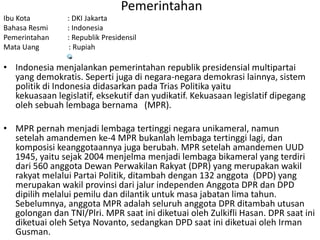 Pemerintahan
Ibu Kota : DKI Jakarta
Bahasa Resmi : Indonesia
Pemerintahan : Republik Presidensil
Mata Uang : Rupiah
• Indonesia menjalankan pemerintahan republik presidensial multipartai
yang demokratis. Seperti juga di negara-negara demokrasi lainnya, sistem
politik di Indonesia didasarkan pada Trias Politika yaitu
kekuasaan legislatif, eksekutif dan yudikatif. Kekuasaan legislatif dipegang
oleh sebuah lembaga bernama (MPR).
• MPR pernah menjadi lembaga tertinggi negara unikameral, namun
setelah amandemen ke-4 MPR bukanlah lembaga tertinggi lagi, dan
komposisi keanggotaannya juga berubah. MPR setelah amandemen UUD
1945, yaitu sejak 2004 menjelma menjadi lembaga bikameral yang terdiri
dari 560 anggota Dewan Perwakilan Rakyat (DPR) yang merupakan wakil
rakyat melalui Partai Politik, ditambah dengan 132 anggota (DPD) yang
merupakan wakil provinsi dari jalur independen Anggota DPR dan DPD
dipilih melalui pemilu dan dilantik untuk masa jabatan lima tahun.
Sebelumnya, anggota MPR adalah seluruh anggota DPR ditambah utusan
golongan dan TNI/Plri. MPR saat ini diketuai oleh Zulkifli Hasan. DPR saat ini
diketuai oleh Setya Novanto, sedangkan DPD saat ini diketuai oleh Irman
Gusman.
 