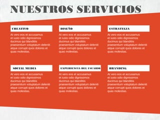 NUESTROS SERVICIOS
CREATIVO
At vero eos et accusamus
et iusto odio dignissimos
ducimus qui blanditiis
praesentium voluptatum deleniti
atque corrupti quos dolores et
quas molestias.

SOCIAL MEDIA
At vero eos et accusamus
et iusto odio dignissimos
ducimus qui blanditiis
praesentium voluptatum deleniti
atque corrupti quos dolores et
quas molestias.

DISEÑO
At vero eos et accusamus
et iusto odio dignissimos
ducimus qui blanditiis
praesentium voluptatum deleniti
atque corrupti quos dolores et
quas molestias.

EXPERIENCIA DEL USUARIO

At vero eos et accusamus
et iusto odio dignissimos
ducimus qui blanditiis
praesentium voluptatum deleniti
atque corrupti quos dolores et
quas molestias.

ESTRATEGIA
At vero eos et accusamus
et iusto odio dignissimos
ducimus qui blanditiis
praesentium voluptatum deleniti
atque corrupti quos dolores et
quas molestias.

BRANDING
At vero eos et accusamus
et iusto odio dignissimos
ducimus qui blanditiis
praesentium voluptatum deleniti
atque corrupti quos dolores et
quas molestias.

 