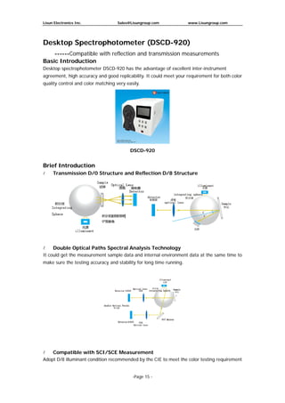 Lisun Electronics Inc. Sales@Lisungroup.com www.Lisungroup.com
-Page 15 -
Desktop Spectrophotometer (DSCD-920)
------Compatible with reflection and transmission measurements
Basic Introduction
Desktop spectrophotometer DSCD-920 has the advantage of excellent inter-instrument
agreement, high accuracy and good replicability. It could meet your requirement for both color
quality control and color matching very easily.
DSCD-920
Brief Introduction
 Transmission D/0 Structure and Reflection D/8 Structure
 Double Optical Paths Spectral Analysis Technology
It could get the measurement sample data and internal environment data at the same time to
make sure the testing accuracy and stability for long time running.
 Compatible with SCI/SCE Measurement
Adopt D/8 illuminant condition recommended by the CIE to meet the color testing requirement
 