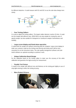Lisun Electronics Inc. Sales@Lisungroup.com www.Lisungroup.com
-Page 16 -
for different industries. It could measure with SCI and SCE to see the color data change more
clearly.
 Four Testing Calibers
It is easy to adjust the testing calibers. The largest caliber diameter reaches 25.4mm. It could
test the sample with different sizes. DSCD-920 is not only suitable for testing the color of
opacity sample, but also suitable for transparent or translucent sample’s transmittance and
turbidity.
 Large screen display and Stand-alone operation
It could finish the sample test without connecting with the computer. Large screen display to
make sure customer could see the testing result directly and clearly and it will be more
convenient to set the instrument status. The color quality management software and color
match software are optional according to customer’s need.
 Unique Calibration Board Design
Fix the calibration board on the testing caliber to make sure the accuracy of the white
calibration and guarantee the high accuracy for measurement.
 Flexible Test Fixture
It could fix the sample with different size and thickness on the testing port tightly in case of
stray light entering to affect the testing accuracy.
 More Product Pictures
 
