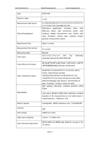 Lisun Electronics Inc. Sales@Lisungroup.com www.Lisungroup.com
-Page 4 -
Type DSCD-900
Observer angle
2°/10°
Measurement Light Source A,C,D50,D55,D65,D75,F1,F2,F3,F4,F5,F6,F7,F8,F9,F10,
F11,F12,DLF,TL83,TL84,NBF,U30,CWF
Data being displayed
Reflectance graph/value, chromatic value, color
difference values, color assessment results, color
tendency, display measurement area, history color
value simulation, manual input standard sample,
generate measurement reports
Measurement time About 1 second
Measurement time interval
0.5 second
Measuring caliber Φ11mm
Color space
CIE-L*a*b,L*C*h,L*u*v, XYZ, Yxy, reflectivity,
Hunterlab, Munsell MI,CMYK,RGB,HSB
Color difference formulas
ΔE*ab,ΔE*CH,ΔE*uv,ΔE*cmc(2:1),ΔE*cmc(1:1),ΔE*94
,ΔE*00,ΔEab(Hunter),555color classification
Other colorimetric indices
WI(ASTM E313-00,ASTM E313-73,CIE/ISO, AATCC,
Hunter, Taube Berger Stensby),
YI(ASTM D1925,ASTM E313-00,ASTM E313-73),
Tint(ASTM E313,CIE,Ganz),metamerism index Milm,
adhesive/changing color fastness, ISO luminance,8
gloss, A density, T ensity, E ensity, M ensity
Repeatability
light splitting reflectivity: standard deviation within
0.08%
color values: ΔE*ab<=0.015（After calibration, standard
deviation of 30 measurements on test white board, 5
second intervals），Maximum: 0.03
Battery capacity rechargeable, 20000 continuous tests, 7.4V/6000mAh
Interface
USB
Data storage 40000 test results
Light source longevity 5 years, 1.5 million tests
Inter-instrument agreement
ΔE*ab within 0.2 (BCRA color charts II, average of the
12 charts)
 
