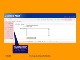 Each Group is presented with a toolbar palette for Group Management and Alert Creation 
