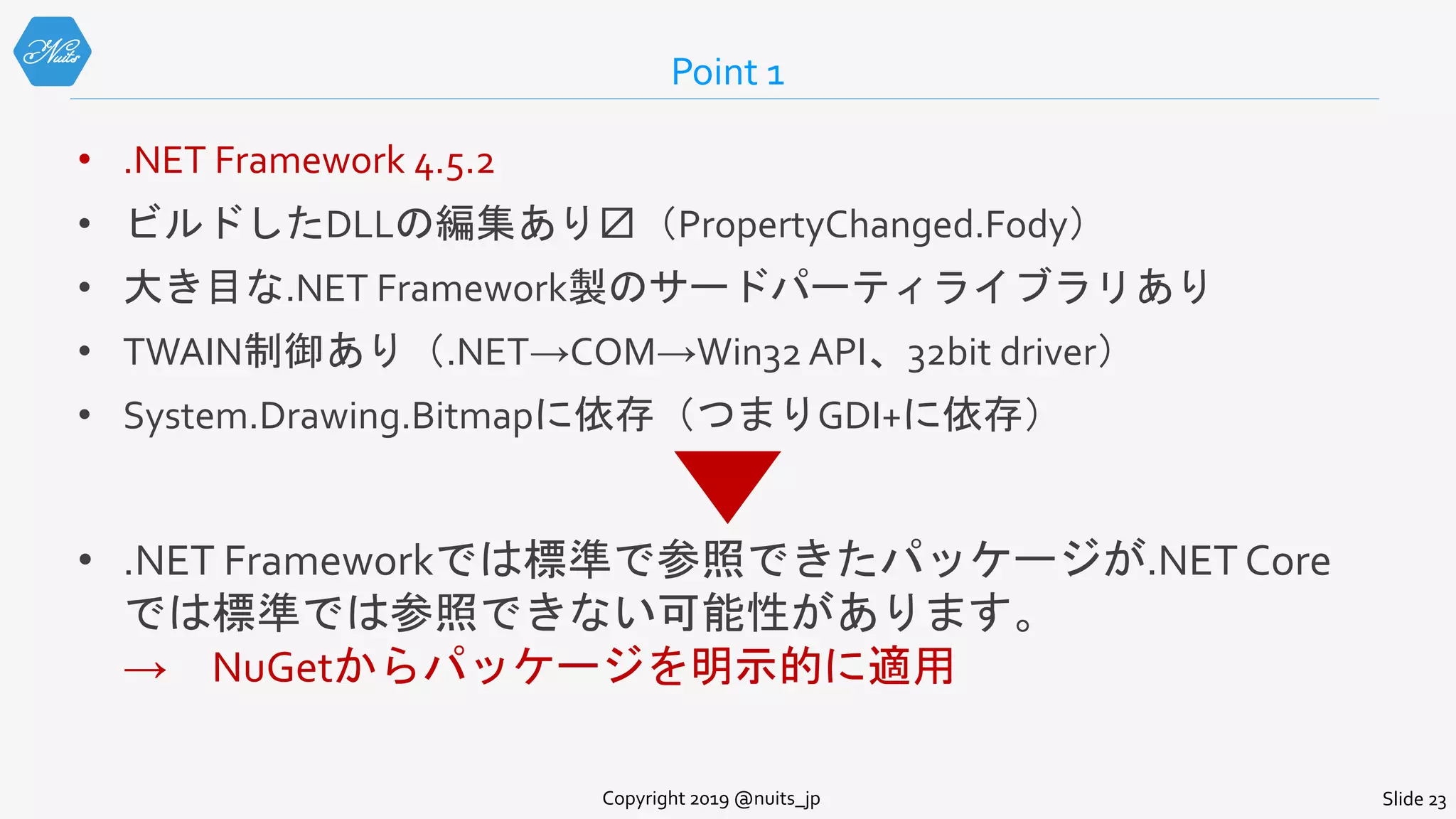 Point 1
• .NET Framework 4.5.2
• ビルドしたDLLの編集あり〼（PropertyChanged.Fody）
• 大き目な.NET Framework製のサードパーティライブラリあり
• TWAIN制御あり（.NET→COM→Win32 API、32bit driver）
• System.Drawing.Bitmapに依存（つまりGDI+に依存）
Copyright 2019 @nuits_jp Slide 23
• .NET Frameworkでは標準で参照できたパッケージが.NETCore
では標準では参照できない可能性があります。
→ NuGetからパッケージを明示的に適用
 