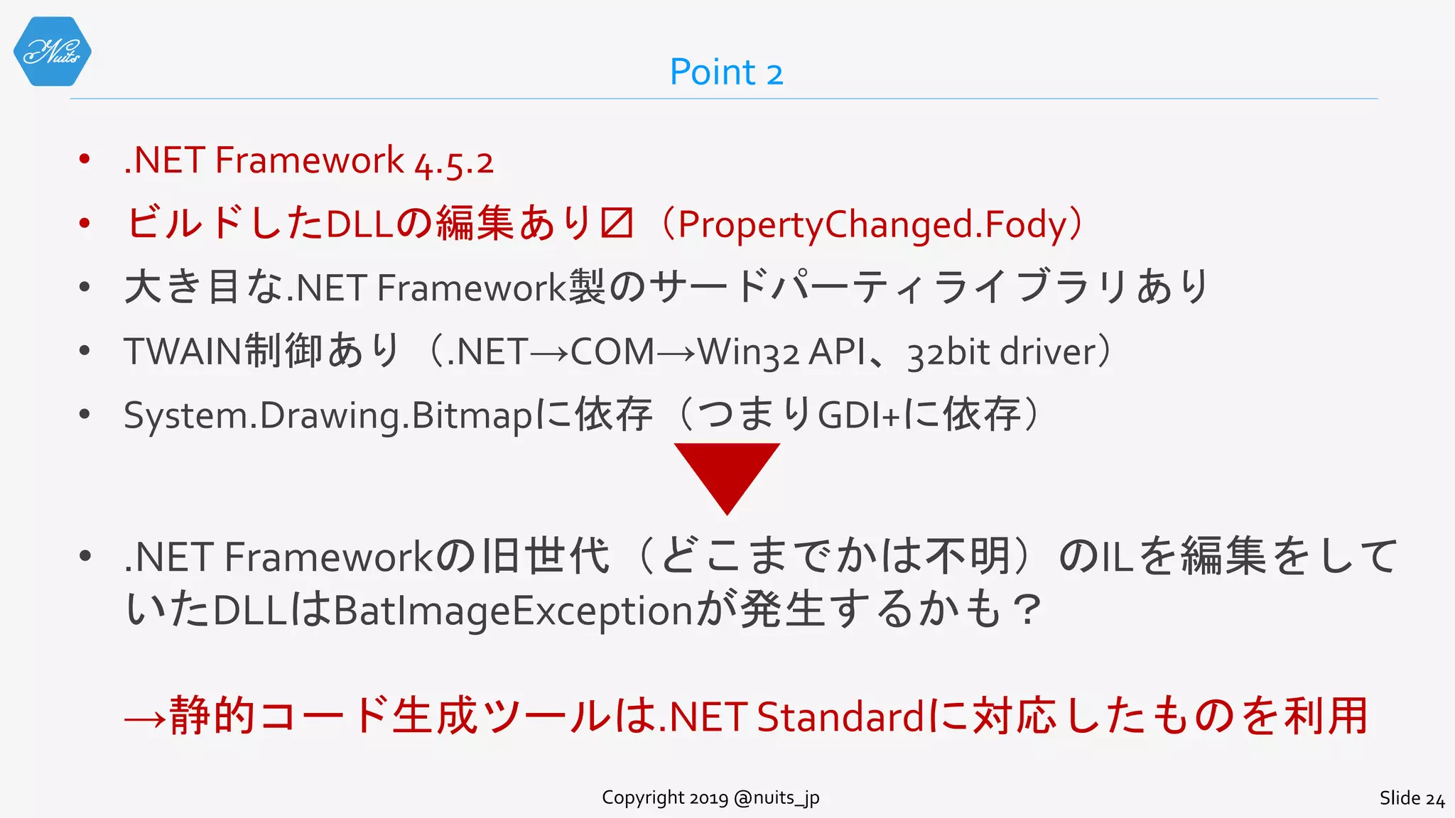 Point 2
• .NET Framework 4.5.2
• ビルドしたDLLの編集あり〼（PropertyChanged.Fody）
• 大き目な.NET Framework製のサードパーティライブラリあり
• TWAIN制御あり（.NET→COM→Win32 API、32bit driver）
• System.Drawing.Bitmapに依存（つまりGDI+に依存）
Copyright 2019 @nuits_jp Slide 24
• .NET Frameworkの旧世代（どこまでかは不明）のILを編集をして
いたDLLはBatImageExceptionが発生するかも？
→静的コード生成ツールは.NET Standardに対応したものを利用
 