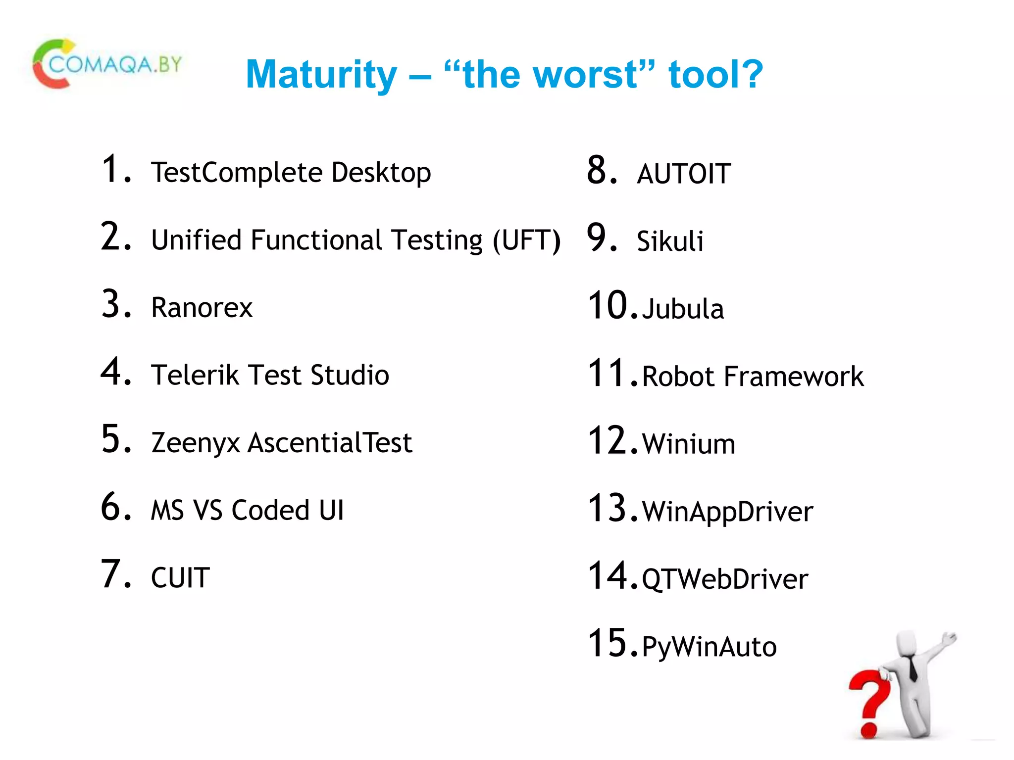 Maturity – “the worst” tool?
1. TestComplete Desktop
2. Unified Functional Testing (UFT)
3. Ranorex
4. Telerik Test Studio
5. Zeenyx AscentialTest
6. MS VS Coded UI
7. CUIT
8. AUTOIT
9. Sikuli
10.Jubula
11.Robot Framework
12.Winium
13.WinAppDriver
14.QTWebDriver
15.PyWinAuto
 