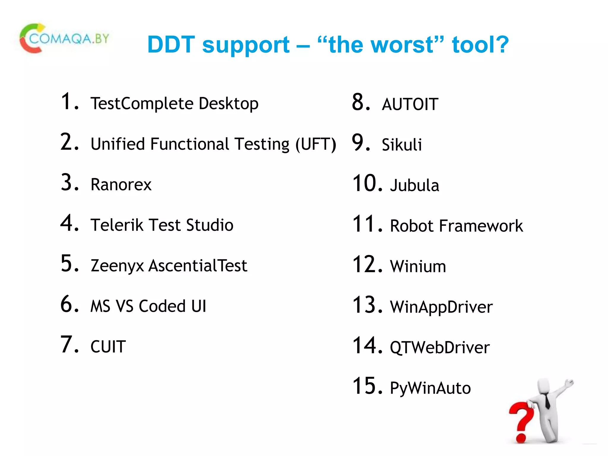 DDT support – “the worst” tool?
1. TestComplete Desktop
2. Unified Functional Testing (UFT)
3. Ranorex
4. Telerik Test Studio
5. Zeenyx AscentialTest
6. MS VS Coded UI
7. CUIT
8. AUTOIT
9. Sikuli
10. Jubula
11. Robot Framework
12. Winium
13. WinAppDriver
14. QTWebDriver
15. PyWinAuto
 
