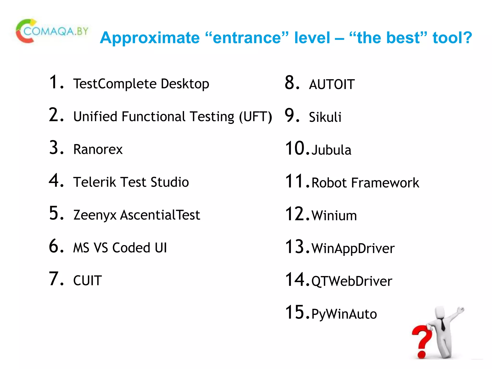 Approximate “entrance” level – “the best” tool?
1. TestComplete Desktop
2. Unified Functional Testing (UFT)
3. Ranorex
4. Telerik Test Studio
5. Zeenyx AscentialTest
6. MS VS Coded UI
7. CUIT
8. AUTOIT
9. Sikuli
10.Jubula
11.Robot Framework
12.Winium
13.WinAppDriver
14.QTWebDriver
15.PyWinAuto
 