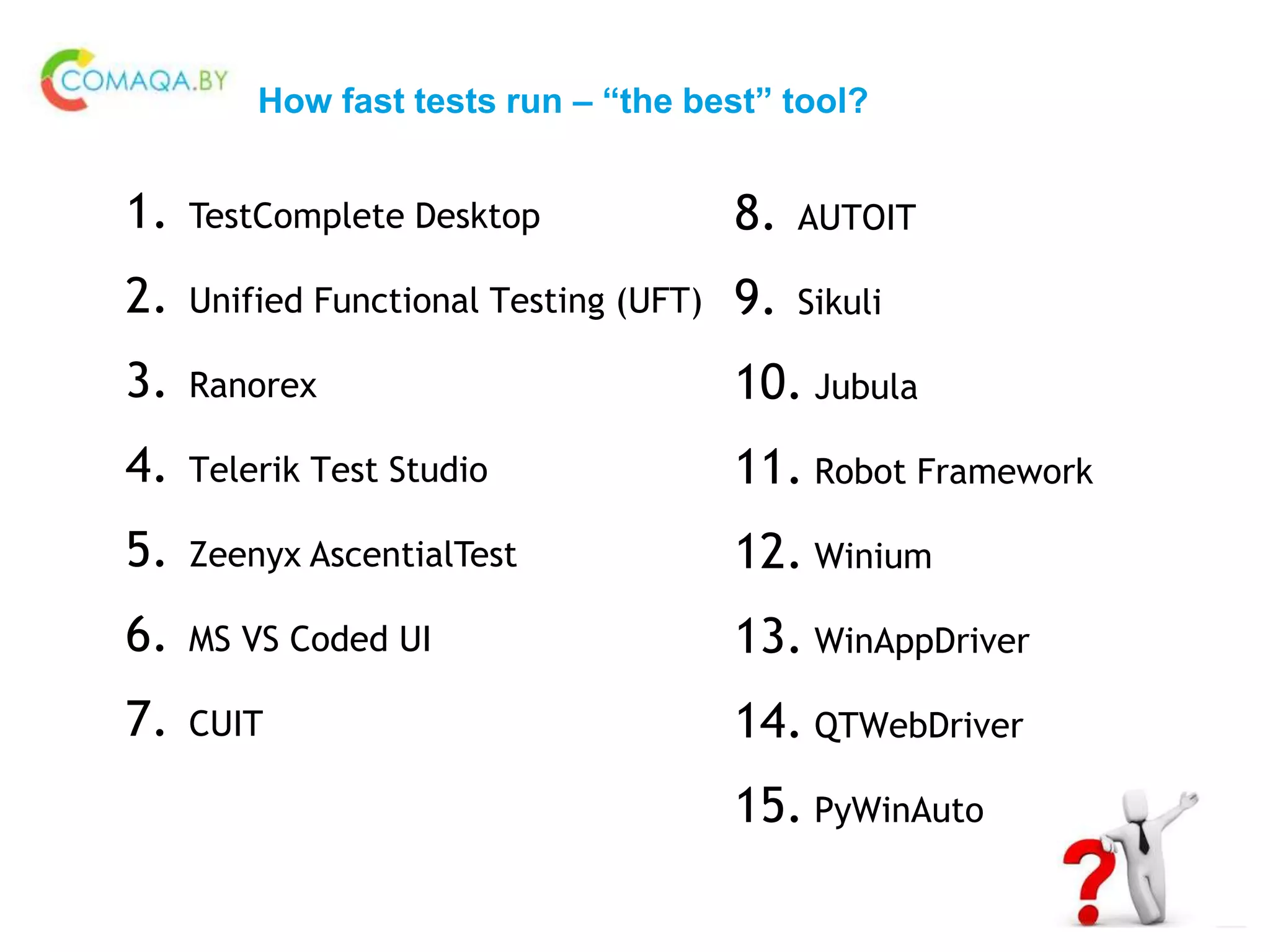 How fast tests run – “the best” tool?
1. TestComplete Desktop
2. Unified Functional Testing (UFT)
3. Ranorex
4. Telerik Test Studio
5. Zeenyx AscentialTest
6. MS VS Coded UI
7. CUIT
8. AUTOIT
9. Sikuli
10. Jubula
11. Robot Framework
12. Winium
13. WinAppDriver
14. QTWebDriver
15. PyWinAuto
 