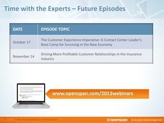 Time with the Experts – Future Episodes
© 2006-2013 by OpenSpan, Inc. All rights reserved.15
DATE EPISODE TOPIC
October 17
The Customer Experience Imperative: A Contact Center Leader’s
Boot Camp for Surviving in the New Economy
November 14
Driving More Profitable Customer Relationships in the Insurance
Industry
www.openspan.com/2013webinars
 