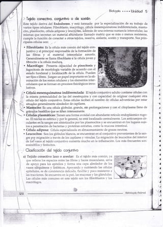 Este tejido de¡iva de1 Endoderrrlo, y está formado por la especialización de su trabajo de 
varios tipos celulares: Fibroblasto, macrófago, 9é1u1a mesenquimatosa indiferenciad4 masto-cito, 
piasmocito, cé1u1a.ad.iposa y leucocitos, ádemás de una extensa sustancia intercelu1al, las 
mismas que'secretan un material,abündante llamado matriz que es más o menos resistente, 
cumple tá función de conectar a otros'tejidos, reserva, aisldnte, sostén y transporte. Sus prin-cipales 
célu1as son: ,.. ,1 
Biolopío & q 6 r Ur¡idqd 5' 
. Fibroblasto: Es la célula más común del tejido eon-juntivo 
y el principal responsable de 1a formacién de 
las fibras y el material intercelqlar amorfo. 
Generalmente se llarria fibrobiasto a 1a célula joven y 
fibrocito a la célula madura. 
' Macrófago: Presenta Cáiacidad de pinocitosis y 
fagocitosis de rnorfología variable de acuerdo con el 
estado funcional y LocaLtzacióür de la célula. Pueden 
ser fijos o libres. ]uegan un papel importante en la eii-minación 
de los restos celulares y los elementos inter-celulares 
que se forman en procesos fisiológicos invo-lutivos. 
Cél,¡rlá mesenquimatosa indiferenciada: El tejido conjuntivo adulto contiene células con 
1a misrna potencialidad de 1as del mesénquina y con capacidad de originar cualquier otra 
célula del tejido conjunüvo. Estas células reciben el nombre de células adventicias por estar 
situqdas ge4qralmente alreded or de capilares. 
Mastocito: Es una célula globulaa grand.e, sin prolongaciones y con el citoplasma lleno de 
..:,: 
gránulos basófilos,que se tiñen intensamente. 
,{ 
j 
.t 
? 
a 
-l 
{ 
(( 
{ 
"{ 
t{ 
,a 
a 
¡ 
¡ 
¡ 
:{ 
¡t 
J 
ti 
é 
j 
'j.J 
.iI 
.{ 
.! | 
,{ 
a 
a 
d,i 
¡,,t 
r§ 
g 
I 
':. ' 
 . Célulás plasmáticas: Tienen u¡a forma ovoidal con abundante retículo endoplásmico rugo-so. 
Elnúc1eo es esférico y por Io general, no está localizado centralmente. Los anticuerpos cir-culantes 
enla sangre son sintetizados por los plasmocitos y se encuentrart en ios lugares suje-tos 
a penekaci.ón de bacterias y proteínas extrañas, como 1a mucosa intestinal. 
Célula adiposa: Cé1u1a especializada en almacenamj.ento de grasas neutras. 
Leucocitos: Son 1os glóbulos blancos, se encuentran en el conjuntivo provenientes de la san-gre 
pol migración a través de 1os capilares y vénulas. La migración de leucocitos del interior 
de iolvasos ai tejidd conjuntivo aumenta mucho en la inflamación. Los más frecuentes son: 
eosinófilos y linfocitos. 
. Clasificcc!ón Cel tejldo cer¡jurntivc 
a) Tejido conectivo laxo o areolar: Es e1 tejiclo más común, va 
: eu€ rellena los espacios enlre ias fibras Y haces musculares, sitve 
de apoyo para los epitelios y forma una capa alredeclor de 1os 
' vasos sánguíneos y lirrfáticos. Apo,rrando v nutriendo las cé1ulas 
epiteiiales, es de consistencia dellcada, flexible 1'poco resistente a 
' las kacciones. Se encuenka en la pie1,las mllcosas y 1as glándulas. 
Las células más comunes en este tejido son los fi.broblastos v los 
macrófagos. 
IZ8 Histotopío finimct 
 