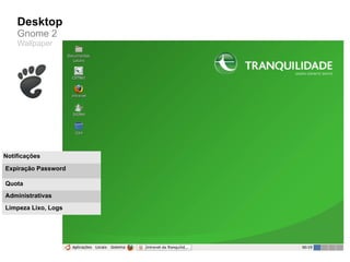 Desktop
    Gnome 2
    Wallpaper




Notificações

Expiração Password

Quota
Administrativas
Limpeza Lixo, Logs
 