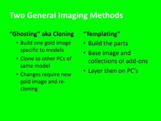 Two General Imaging Methods“Ghosting” aka CloningBuild one gold image specific to models