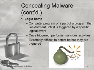 Concealing Malware
                 (cont’d.)
                 • Logic bomb
                    – Computer program or a part of a program that
                      lies dormant until it is triggered by a specific
                      logical event
                    – Once triggered, performs malicious activities
                    – Extremely difficult to detect before they are
                      triggered




Security Awareness, 3rd Edition                                 13
 