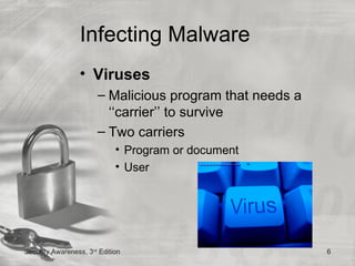 Infecting Malware
                 • Viruses
                       – Malicious program that needs a
                         ‘‘carrier’’ to survive
                       – Two carriers
                             • Program or document
                             • User




Security Awareness, 3rd Edition                           6
 