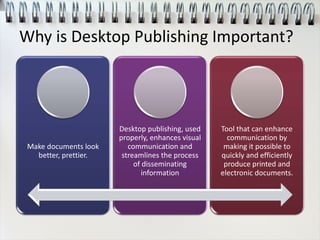 Why is Desktop Publishing Important?
Make documents look
better, prettier.
Desktop publishing, used
properly, enhances visual
communication and
streamlines the process
of disseminating
information
Tool that can enhance
communication by
making it possible to
quickly and efficiently
produce printed and
electronic documents.
 