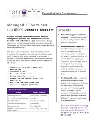 Evaluating Your Environment



Managed IT Services
                           Desktop Support                             Benefits
                                                                         Preventative approach and quick
RetroFit provides an array of essential desktop                          response – Reduce IT downtime and
management services on a flat rate subscription
                                                                         security issues by more than 70% via
basis to small and medium sized businesses. We help
                                                                         proactive management
you minimize the hidden costs of desktop ownership which can be
considerable. We also minimize the daily hassles involved with using
                                                                         Access to top-notch expertise –
and managing technology.
                                                                         Your IT infrastructure is supported by a

With three levels to choose from   - Essential, Professional and         team of highly specialized and

Professional Plus – you determine which option meets your needs.         experienced engineers working from
Levels range from basic remote monitoring to full managed IT             our Network Operations Center (NOC).
services, including Help Desk and onsite support and maintenance.        Let RetroFit’s staff support you in
Customized service plans are also available. Consider the following
                                                                         carrying out day-to-day tasks, such as
advantages:
                                                                         checking Anti-virus signatures,
                                                                         scanning and removing spyware,
    Improved system performance and
    availability                                                         updating critical security patches and

    Increased Uptime                                                     cleaning temporary files on a regular
    Reduced operational costs                                            basis.
    Better capacity planning
    Single-sourced systems monitoring                                    Predictable IT costs – A predictable
    capabilities                                                         monthly service cost that can be
    Enhanced end-user experience                                         budgeted with no surprises. Eliminates
    Improved employee productivity
                                                                         the need to build costly in-house
                                                                         expertise on IT infrastructure and
  Preventative Maintenance
                                                                         security technology. Provides
             Activity                   Service Schedule
                                                                         economies of scale that let small and
 Asset data collection             Every Monday & Thursday               medium sized businesses get Fortune
 Spyware detection and removal     Everyday                              500 class IT management and support

 Temp File deletion                Every Tuesday & Friday                at an affordable cost.

 Anti‐virus signature update       Every 4 hours 
 Patch assessment                  Every Wednesday                       RetroFit minimizes the daily
  
 S.M.A.R.T. check  (Predictive     Every Monday & Thursday 
                                                                         hassles involved with using
 failure report)                                                         and managing technology… .
                                                                         so you can get on with your
                                                                         business!
 