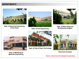 DEPARTMENTS
Dept. of Electrical Engineering
(Front View)
Dept. of Civil Engineering
Dept. of Water Resource
Development & Mgmt
Dept. of Metallurgy &
Materials Engineering
Dept. of Pulp & Paper Technology
Placement Complex
Source : http://www.iitr-heritagefund.org/campus
 