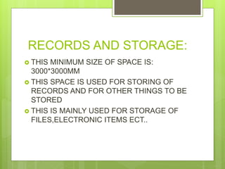 RECORDS AND STORAGE:
? THIS MINIMUM SIZE OF SPACE IS:
3000*3000MM
? THIS SPACE IS USED FOR STORING OF
RECORDS AND FOR OTHER THINGS TO BE
STORED
? THIS IS MAINLY USED FOR STORAGE OF
FILES,ELECTRONIC ITEMS ECT..
 
