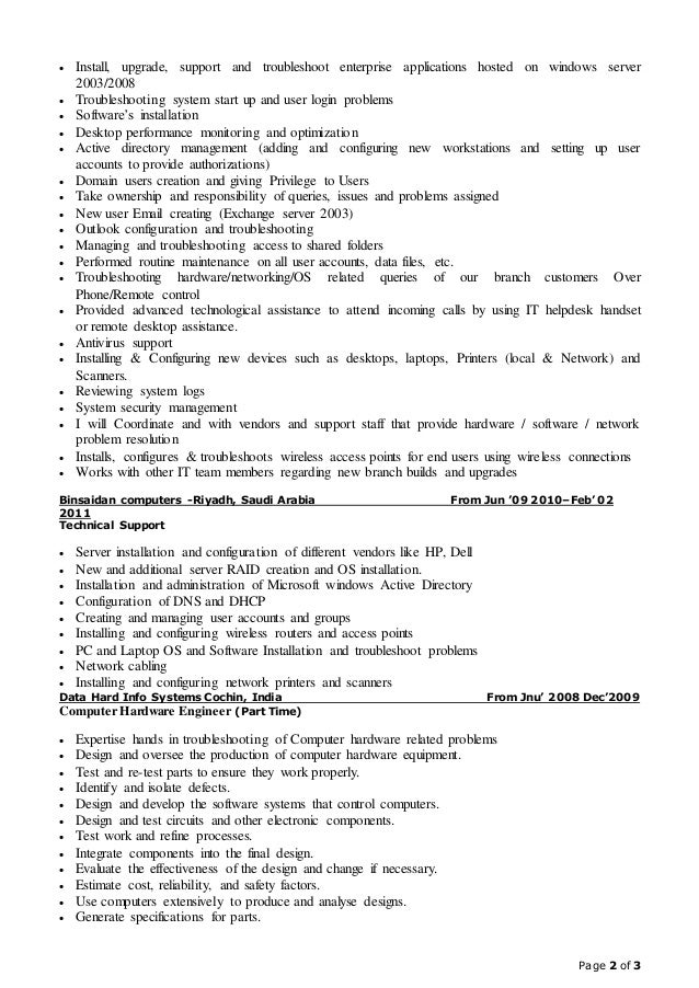 it desktop support resume