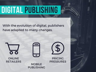 With the evolution of digital, publishers
have adapted to many changes.
digital PUBLISHING
ONLINE
RETAILERS
PRICING
PRESSURES
MOBILE
PUBLISHING
 