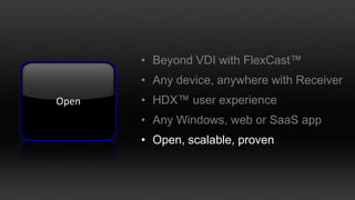 Beyond VDI with FlexCast™ Any device, anywhere with ReceiverHDX™ user experienceAny Windows, web or SaaSappOpen, scalable, proven