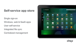 Self-service app store

Single sign-on
Windows, web & SaaS apps
User self-service
Integrated file sync
Centralized management
 