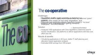 Challenges
  • ―AppDNA ‗traffic applications in preparation for IT planned ―green‖
     Centralize control of light‘ visibility is helping us
    initiative
   quantify the costs of not only migration, but
  • Determine best application delivery options to remote or ―hot desk‖
   support and management going forward.‖
    employees – and effort needed
Solution                                      — Technical Architect
  • Analyzed 1400 applications with Citrix AppDNA to determine best fit
    across virtualization, OS platforms to deliver applications with less cost,
    effort and risk
Results & benefits
  • Virtualizing applications in 48 hours, better IT staff planning and
    allocation based application analysis
  • Estimated $3M savings from VDI project
 