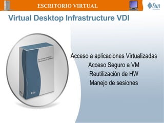 ESCRITORIO VIRTUAL

Virtual Desktop Infrastructure VDI



                 Acceso a aplicaciones Virtualizadas
                       Acceso Seguro a VM
                        Reutilización de HW
                        Manejo de sesiones
 